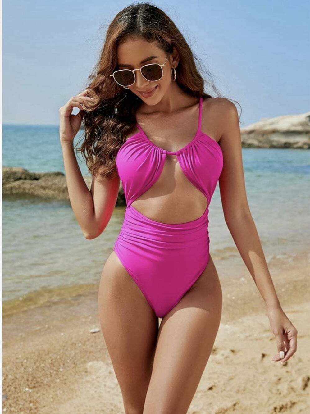 Blooming Jelly One Piece Swimsuit Tummy Control Bathing Suit, Hot Pink Sexy